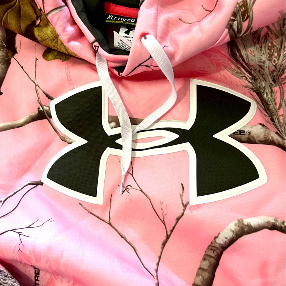 Under Armour pink Camo camouflage Real Tree big logo hoody hoodie sweatshirt XL